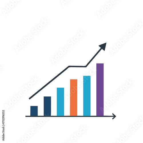 Business growth illustration: A colorful bar graph elegantly ascends, illustrating dynamic business progress and projecting unwavering upward momentum and potential.