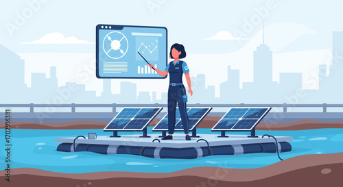 Innovative water-based solar power project presented by engineer in cityscape setting