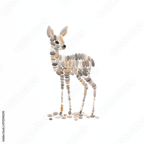 A captivating fawn, meticulously crafted from small, varied stones, stands out against a crisp white background.