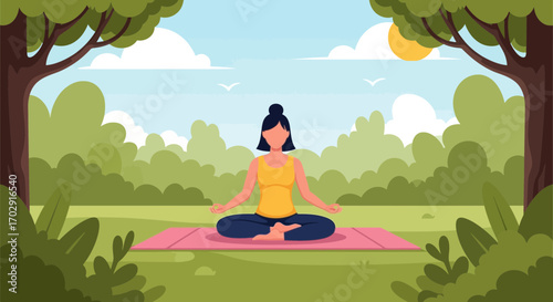 Cartoon woman meditating in lotus position outdoors for wellness concept
