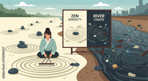 Juxtaposition of zen garden serenity against polluted river chaos illustration