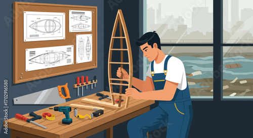 Artisan meticulously crafts wooden kayak frame in a bright workspace