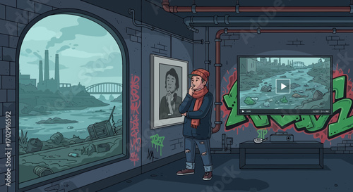 Contemplative urbanite viewing artworks amidst industrial decay reflections