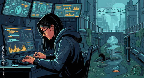 Cyberpunk programmer working in a dystopian urban environment with data streams