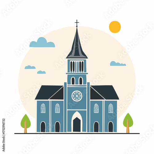 Blue church building vector with steeple clock and trees against beige circle peaceful religious high quality professional