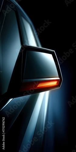Close-up view of a modern car's side mirror and illuminated taillight, highlighting sleek design and dynamic lighting.