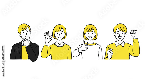 Diverse team showing approval, success, and thoughtful planning in vibrant yellow style