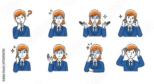 Business professionals expressing confusion, stress, and eureka moments in office attire