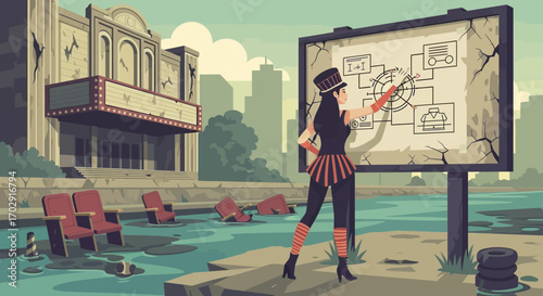 Post-Apocalyptic Presenter at a Flooded Theater Outlining a Conceptual Plan