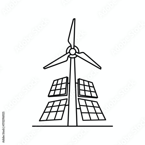 Line art illustration of a wind turbine with multiple solar panels 