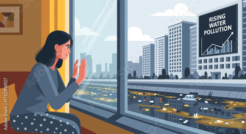 Concerned woman watches rising water pollution from her apartment window