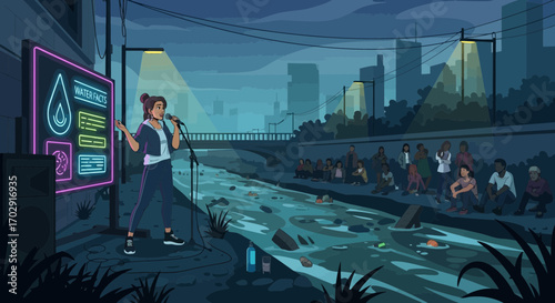 Activist presenting water facts to a crowd beside a polluted urban river