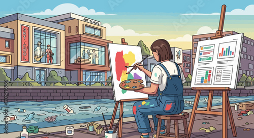 Urban artist contrasting creativity and corporate graphs by polluted river