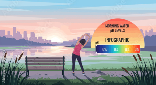 Early morning water pH infographic with girl stretching in city park