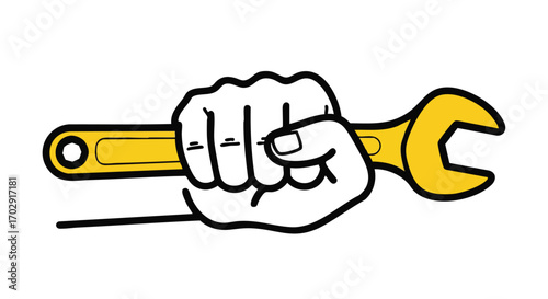 Strong hand grips yellow wrench symbol for repair, maintenance, and skilled labor