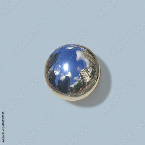 Reflective sphere showcases a cityscape reflected within its polished surface, capturing the urban landscape against a light blue background.