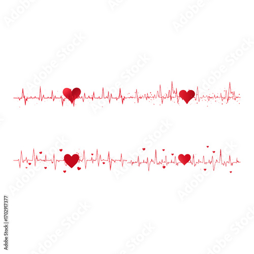 Red heartbeat ekg line with red hearts silhouette