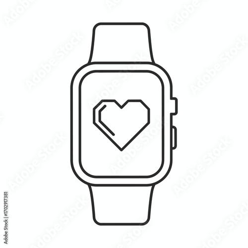 Line art icon of a smartwatch with a geometric heart symbol on a white background