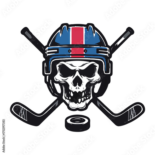 Hockey skull silhouette with crossed sticks and puck
