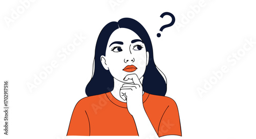 Pensive young woman thoughtfully considering options with a question mark above her head, seeking answers