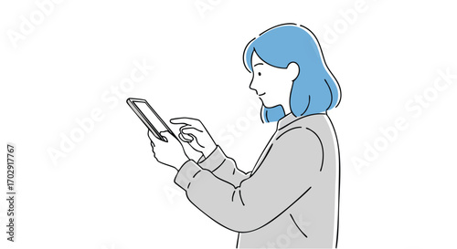Young woman engaging with her smartphone, browsing content with a focused, cheerful expression.