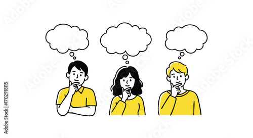 Brainstorming team members visualizing ideas above heads in thought bubbles on white background