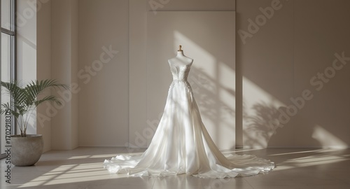 Elegant Wedding Dress on Mannequin, Studio Shot, Bridal Gown, A-line Silhouette, Soft Lighting