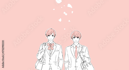 Two stylish young men in suits with bags, ready for adventure or school, pink background
