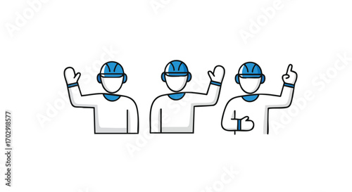 Team members in hard hats raising hands for question or participation in a meeting