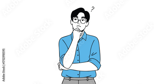 Thoughtful businessman with glasses pondering a complex problem, seeking solutions with a curious expression.