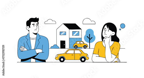 Couple contemplating major life decisions like buying a home and a car