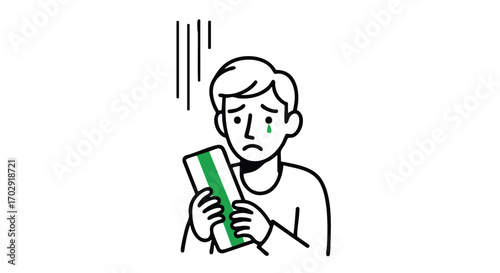 Man's despair over financial loss, holding empty wallet with tearful expression