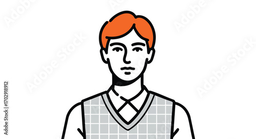 Professional young man with orange hair wearing a grey argyle vest and white shirt, modern style portrait