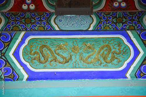 Intricate Dragon Mural with Gold Embellishments on a Traditional Blue and Green Panel