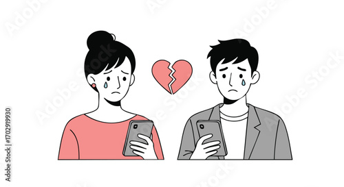 Sad couple holding phones after breakup with broken heart between them and tears streaming down faces
