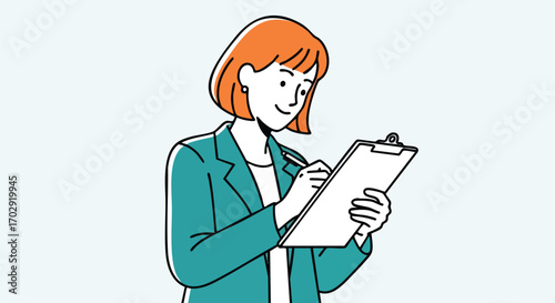 Professional businesswoman diligently writing notes on clipboard, planning success in modern office