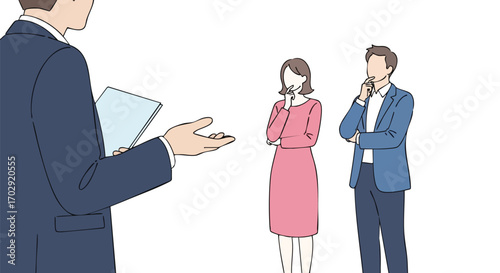 Confident presenter explaining ideas to thoughtful business audience in modern setting