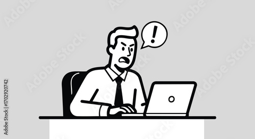 Frustrated businessman expresses anger and shock while working on a laptop in a modern office.