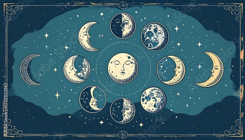 Vintage moon phases in a starry night sky