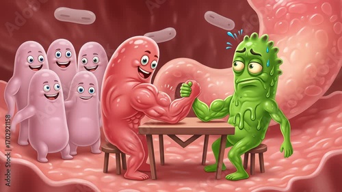 A muscular probiotic cartoon character arm-wrestles a sickly green germ inside the digestive system