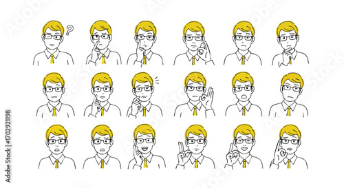 Diverse businessman emotions captured in simple, modern line art for impactful communication