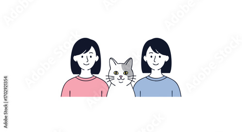 Joyful women sharing affection with their beloved cat in a simple, modern illustration style