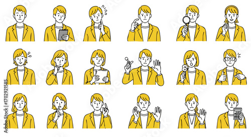 Diverse business professionals express a range of emotions, ideas, and actions in modern illustrations.