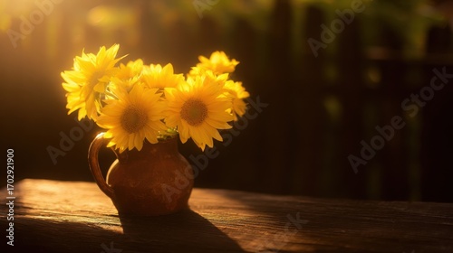 sunflower. A sunflower bouquet in a vintage vase on a rustic wooden surface, glowing in golden hour light. gardening catalogs, home-decor guides, designed for home decor and floral branding.
