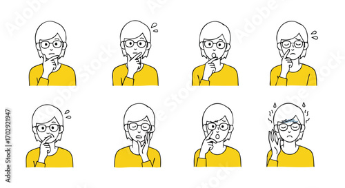 Woman's diverse emotional expressions of thinking, confusion, and worry in simple line art