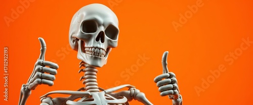 Smiling skeleton with thumbs up, vibrant orange backdrop,   cute,   pop art