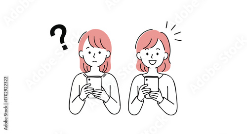 Confused woman using phone then happy understanding woman with smartphone, clear communication