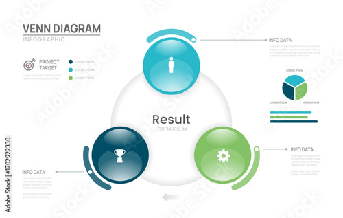 Venn diagram business infographic chart glass circle template 3 steps options, presentation with venn diagram elements vector illustration.