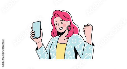 Excited woman celebrates win while looking at her phone feeling happy and successful