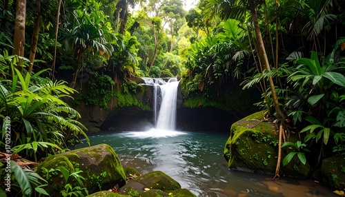 Lush, vibrant waterfall cascading into a tranquil, emerald pool surrounded by verdant, tropical foliage
